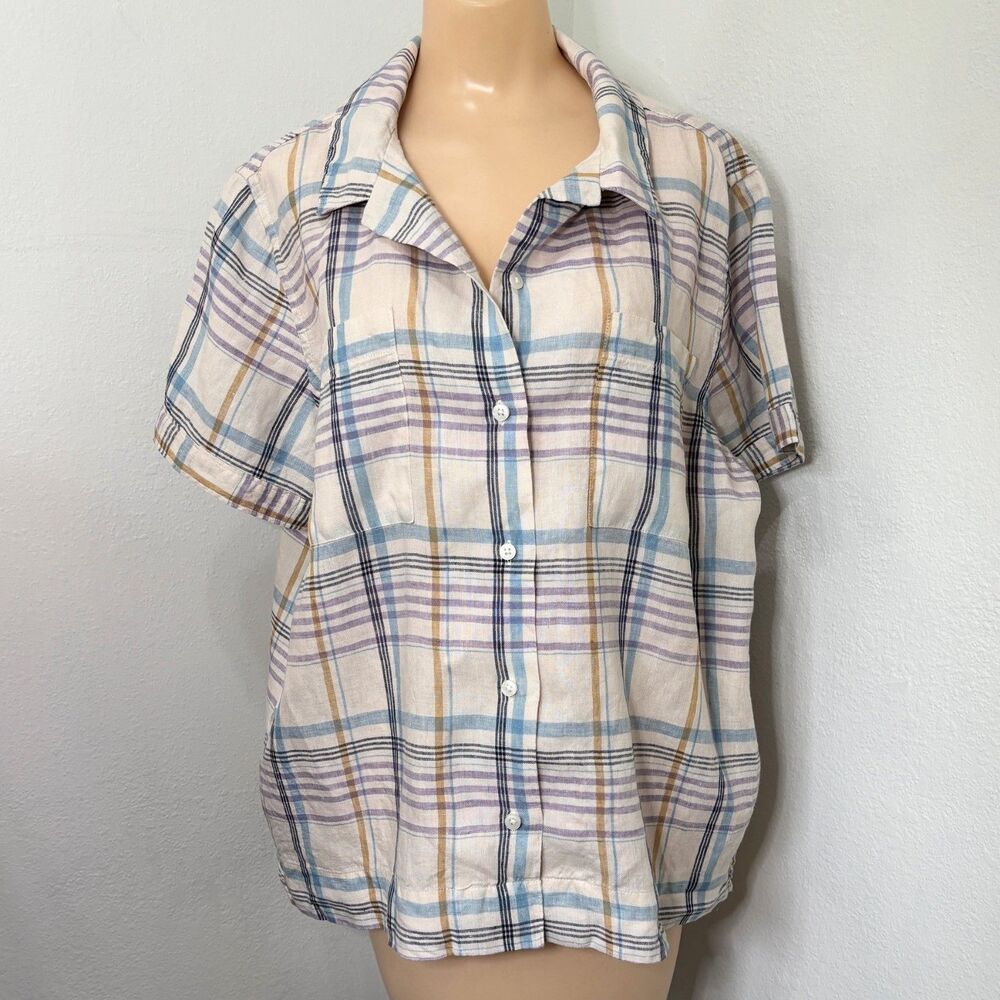 LL Bean Womens Coastal Plaid Linen Button Up Top XL Casual Euro Summer Resort